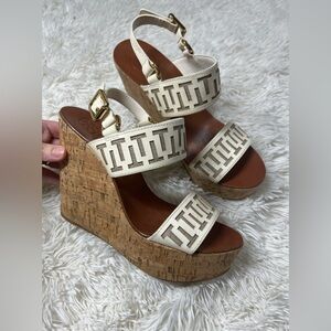 Tory Burch Regan T Logo Cork Wedge Sandals - Size 9.5